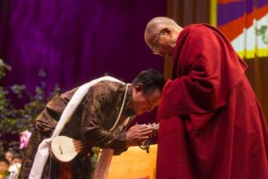 Dalai Lama with Ngawang Lodup at the O2 Arena, London